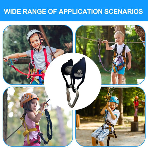 Heavy Duty Zip Line Pulley Kit With Six Steel Rollers For Backyard Adventure, shown with kids enjoying outdoor fun.
