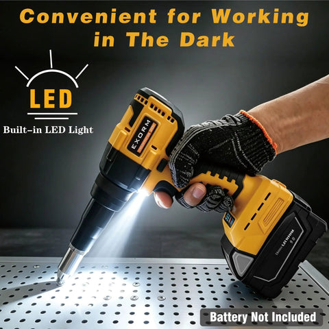Upgraded Cordless Electric Rivet Gun Compatible With DeWalt 20V Max Battery, featuring LED light for dark work areas.