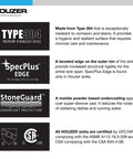 Information on features and certifications of Houzer sinks, including Type 304 stainless steel, SpecPlus Edge, StoneGuard, and certification logos.