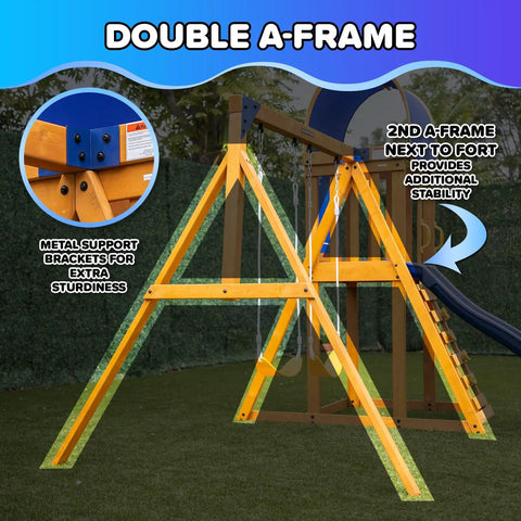 Applewood Cedar Wooden Swing Set With Double A Frame showcasing sturdy metal support brackets in backyard setup.