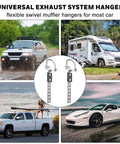 Heavy Duty Exhaust Hangers 2 Pack Flexible Swivel Muffler Tail Pipe Bracket for cars and trucks, image of vehicles and hangers.