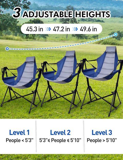 Hammock Camping Chair With 3 Height Settings And Headrest Portable Adjustable Backrest shown in 3 height options on grass field