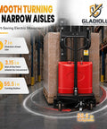 Heavy Duty Semi Electric Pallet Stacker With 3300 Lbs Capacity And 94 Inch Lift Height, showcasing smooth turning in narrow aisles.