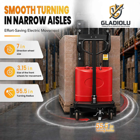 Heavy Duty Semi Electric Pallet Stacker With 3300 Lbs Capacity And 94 Inch Lift Height, showcasing smooth turning in narrow aisles.
