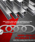 Muzzle Shim Kit 5/8x24 For 30 Caliber Platforms Including.30.308 7.62 And 300 Blackout With Twenty Stainless Washers In Five Thicknesses 0.004 0.008 0.012 0.020 0.040 In For Precise Clocking Of Brakes And Flash Hiders, showing durable 304 stainless steel construction and various shim sizes.