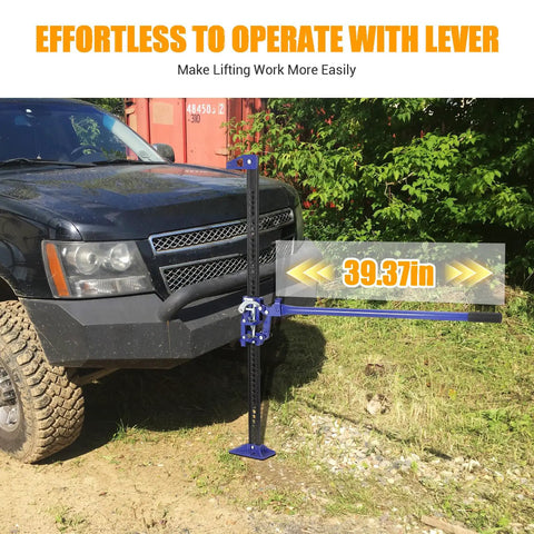 Beefy 3 Ton Farm Jack With 48 Inch Lift For Trucks UTVs And ATVs, Off Road Rescue And Garage Work, shown lifting truck