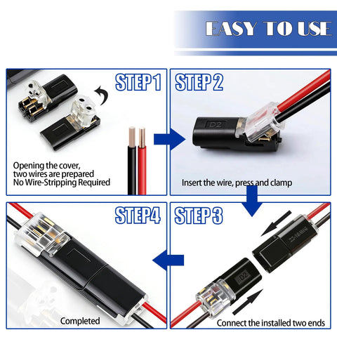 Installation steps of 30 Pack Double Wire Plug In LED Light Strip Connectors 2 Pin Quick Connect Push In Low Voltage Lock Grip