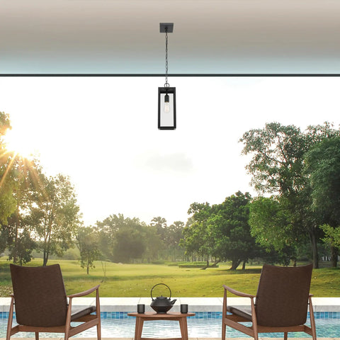 Outdoor Pendant Light One Light In Matte Black With Clear Glass Shade E26 Base Socket Ceiling Hanging Fixture For Porch Or Kitchen Island Dope Modern Vintage Vibe Bulb Not Included hanging over patio with chairs