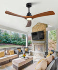 52 Inch Wood Ceiling Fan With 3 Solid Wood Blades Reversible DC Motor For Living Room installed in a stylish outdoor patio.