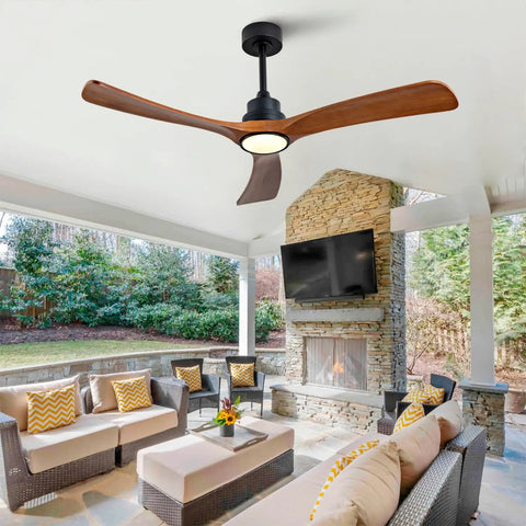 52 Inch Wood Ceiling Fan With 3 Solid Wood Blades Reversible DC Motor For Living Room installed in a stylish outdoor patio.