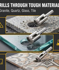 Heavy Duty 3 Piece Diamond Hole Saw Set For Porcelain Ceramic Tile And Glass Smooth Cutting Drill Bits shown on granite and glass.