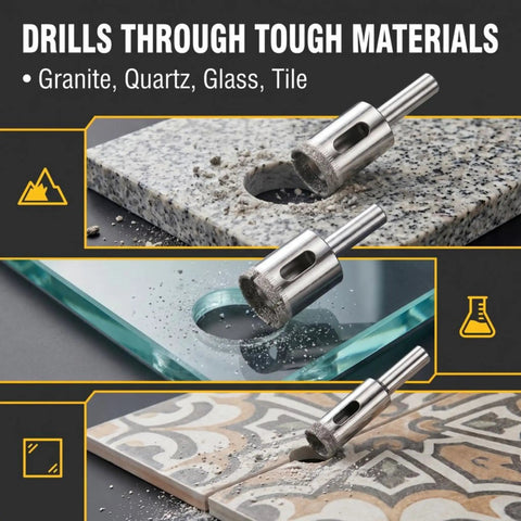 Heavy Duty 3 Piece Diamond Hole Saw Set For Porcelain Ceramic Tile And Glass Smooth Cutting Drill Bits shown on granite and glass.