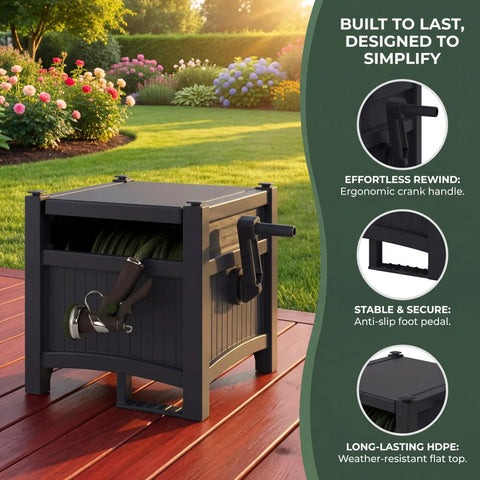 Hideaway Hose Reel with 100 ft Capacity, Durable Resin Garden Hose Organizer, Weather Resistant Black and Gray Finish