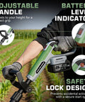 Person using Powerful Cordless Garden Tiller Cultivator With 20V Battery No Gas 360RPM Electric Rototiller, showing LED indicator