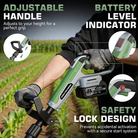 Person using Powerful Cordless Garden Tiller Cultivator With 20V Battery No Gas 360RPM Electric Rototiller, showing LED indicator