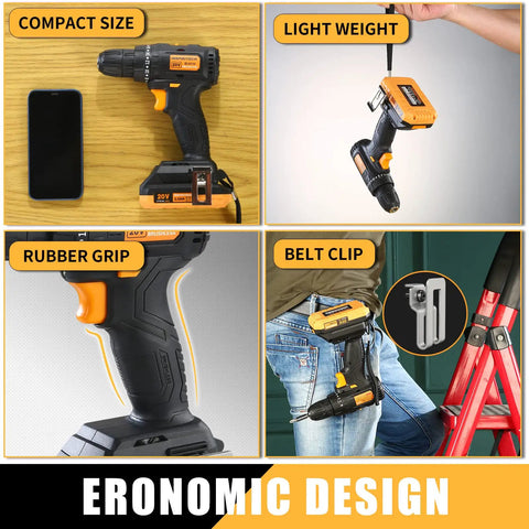 Your Go To Cordless Brushless Drill Kit 20V with 2Ah Battery and Charger featured with compact size, rubber grip, belt clip