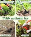Collage of Long Handle Weed Puller Tool 60 Inch 2 In 1 Weed Rake And Hoe for weeding, planting, and soil loosening in garden settings.