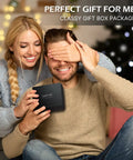 Couple smiling as woman hands man a Pop Up Aluminum Card Wallet With RFID Blocking, perfect gift for men.