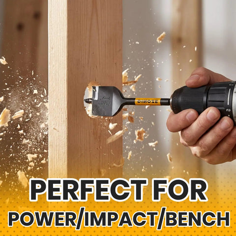 Heavy Duty 14 Piece Spade Drill Bit Set With Six Inch Quick Load Extension in use drilling into wood for clean holes.