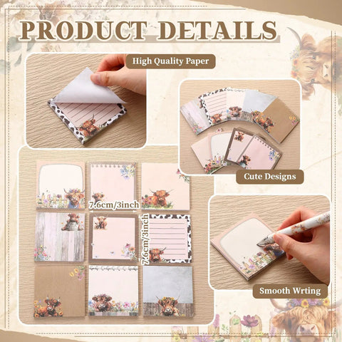 Highland Cow Desk Accessories Set With 9 Cute Sticky Notes And 9 Totally Cute Kawaii Pens 3x3 Inch Notepads, various designs.