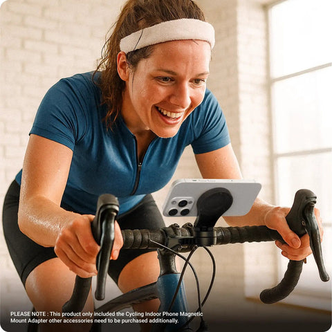 Person using MagSafe Phone Mount Adapter For Indoor Spin Sessions Compatible With Wahoo Bike Mount for home exercise.