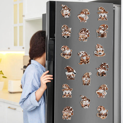 Refrigerator displaying 12 Piece Diamond Art Magnets Set With Coffee Gnome Refrigerator Art Easy DIY Diamond Painting Magnets Kit For Adults And Beginners Interchangeable Home Decor And Gift Craft Kit.