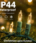 Warm White Incandescent Christmas Lights Outdoor 20ft String With 100 Bulbs Waterproof close-up on fir tree