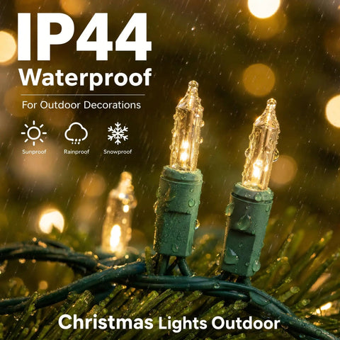 Warm White Incandescent Christmas Lights Outdoor 20ft String With 100 Bulbs Waterproof close-up on fir tree