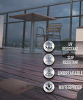DOC320Z Outdoor Deck Power Cover 1-Gang bronze on a deck, showing UV, slip-resistant features and cord hooks