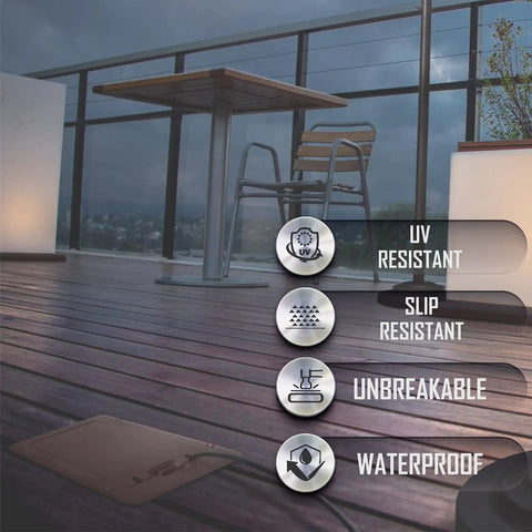 DOC320Z Outdoor Deck Power Cover 1-Gang bronze on a deck, showing UV, slip-resistant features and cord hooks