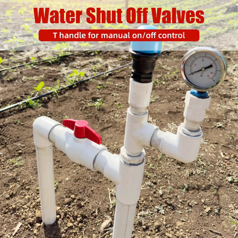 Two Pack 2 Inch PVC Ball Valves With T Handle No Fuss Water Shut Off Slip Socket Fittings For Pools Irrigation Sewage And Home Water Projects 150 PSI Rated installed on irrigation system.