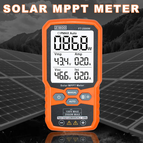 No Nonsense Solar Panel Tester Meter Gauges Voc And Isc Up To 2000W With Backlight and Data Hold, displaying power output and readings.