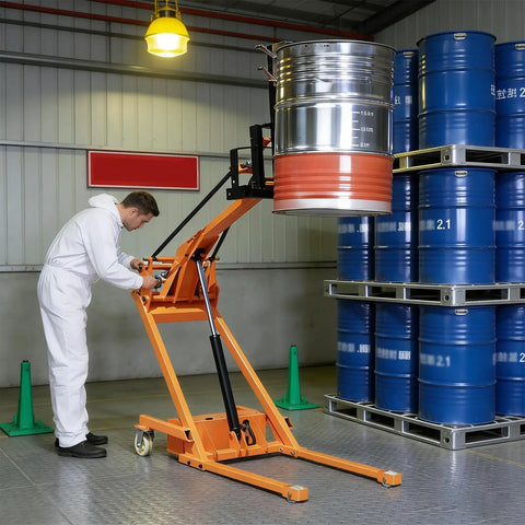 Compact Foldable Electric Stacker With 1543 Lbs Lifting Capacity, Articulated Boom Forklift For Tight Spaces, lifting a metal drum.