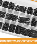 Ultimate Black Oxide 304 Stainless Steel Wood Screws Set With Pan Head And Flat Head Phillips Drive Self Tapping Assortment Kit In Half Inch To One And A Half Inch Lengths 425 Pieces Sizes Six And Eight Everyday Handy in plastic organizer showcasing various screw sizes.