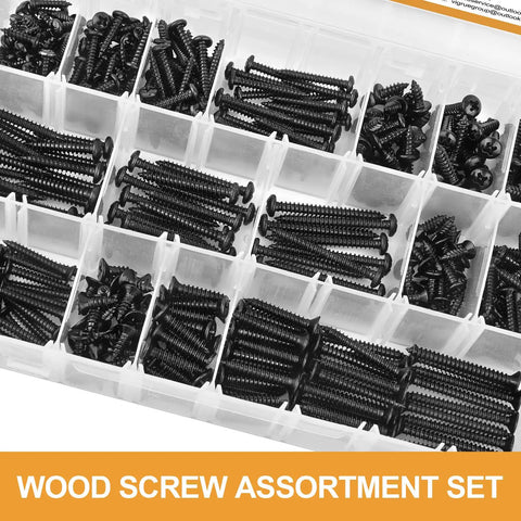 Ultimate Black Oxide 304 Stainless Steel Wood Screws Set With Pan Head And Flat Head Phillips Drive Self Tapping Assortment Kit In Half Inch To One And A Half Inch Lengths 425 Pieces Sizes Six And Eight Everyday Handy in plastic organizer showcasing various screw sizes.