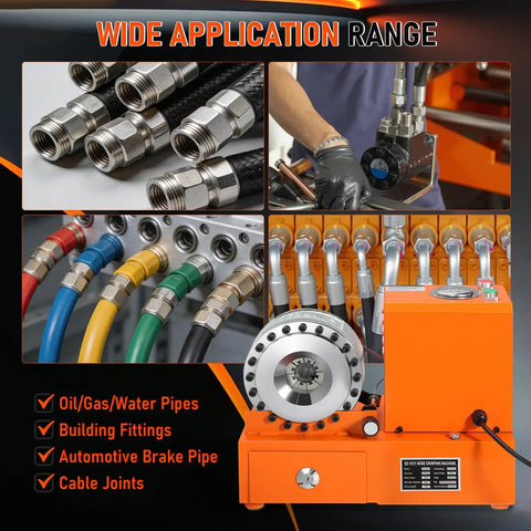 Hot Shot Hydraulic Hose Crimper, Electric High Pressure Machine With 8 Interchangeable Dies For 3/8 To 1 1/4 Inch Hoses And Auto Ac Pipes, Reliable 110V Crimping Tool with various hoses and fittings.