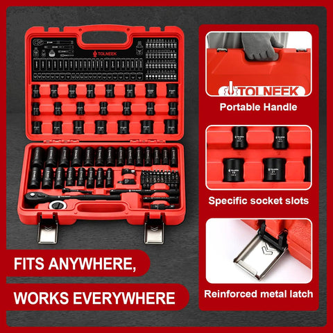 3/8 Inch Impact Socket Set 92 Pieces With Adapters CrMo Steel Deep Sockets Quick Release Ratchet And Palm Kit For Tough Jobs in red case