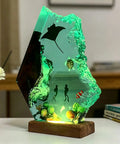Ocean Resin Lamp With Scuba Diver Scene And Lit Multicolor LED Glow, USB Powered Table Light On Wooden Base For Home Office Decor