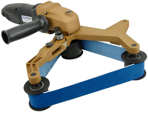 Hella Rugged 180 Grit Aluminum Oxide Sandpaper Belts For Bbs 40A Polisher Grinder Five Pack attached to sanding machine.