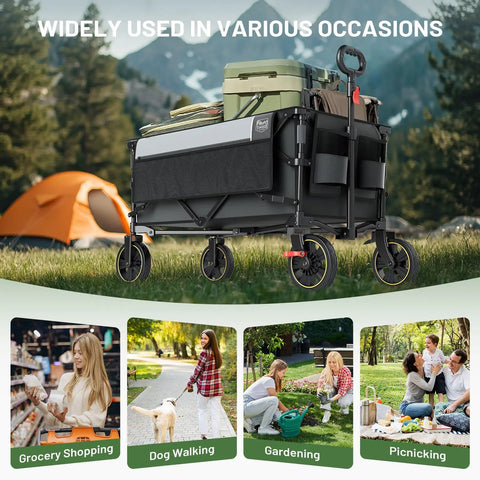 Collapsible Wagon Cart With Brakes 400 Lb Heavy Duty Large Capacity Portable Folding Wagon For Camping Gardening Shopping Groceries Gray