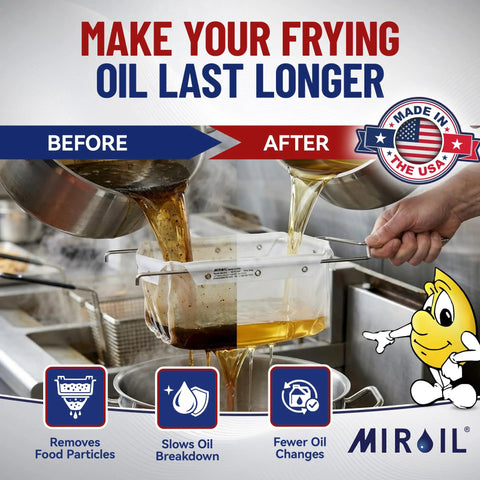Heavy Duty Fryer Oil Filter Bags Keep Kitchen Gunk Out And Stretch Your Fry Oil Supply With Smooth Pulling Micro Mesh Strainers For Regular Deep Frying Tasks, showcasing before and after oil filtration results.