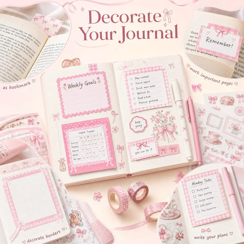 Totally Cute Bow Sticky Notes For Students With Pink Gingham Design on journal, pens, and washi tape for school desk decor