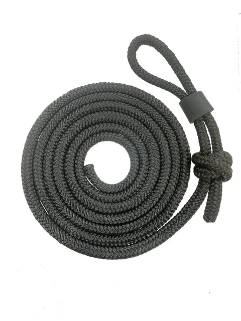 Coiled black nylon rope with loop and knot, shown from above on a white background, used for mooring and secure boat anchoring.