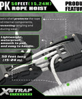 Image of Heavy Duty Block And Tackle Pulley System With 5 To 1 Lift 1000 Lb Working Load 2000 Lb Break Strength 50 Ft Rope Hoist With 2 Soft Loops For Garage Hunting And DIY Attic Lifts White, featuring highlighted product features and rope details.