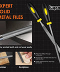 Six Piece Pro Grade Metal Needle File Set includes flat, warding, files on dark background, showing precise filing tools