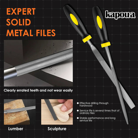 Six Piece Pro Grade Metal Needle File Set includes flat, warding, files on dark background, showing precise filing tools