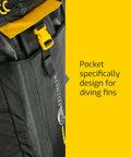 Megattera 110L Beefy Waterproof Duffel Bag with external pocket for diving fins and adjustable straps, black and yellow design.
