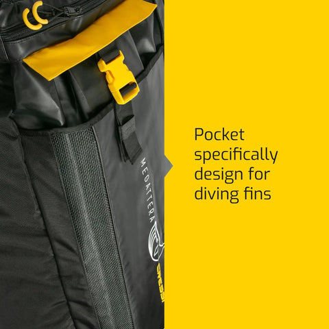 Megattera 110L Beefy Waterproof Duffel Bag with external pocket for diving fins and adjustable straps, black and yellow design.