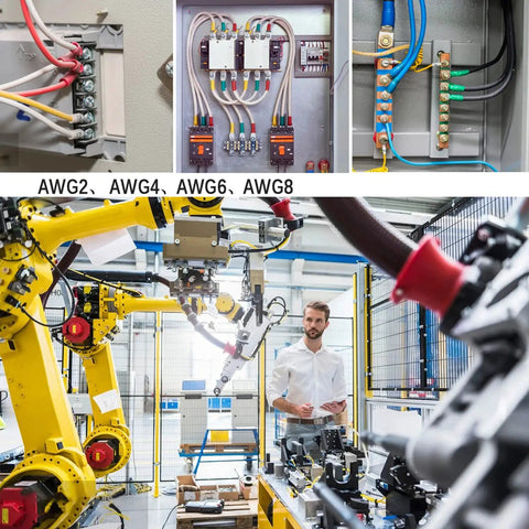 Industrial workshop with Pro Grade Lug Crimper Kit For Welding Battery Cables And Wire Terminals, showcasing wire connections and automation.