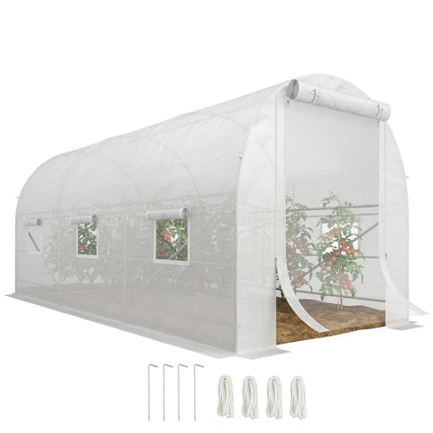 Walk In Tunnel Greenhouse Kit For Serious Gardeners With Large 14.6 By 6.6 By 6.6 Feet White Steel Frame Clear Plastic Cover